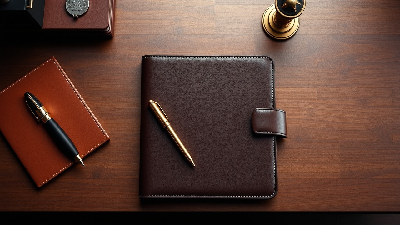 Investor desk with professional portfolio and digital security key