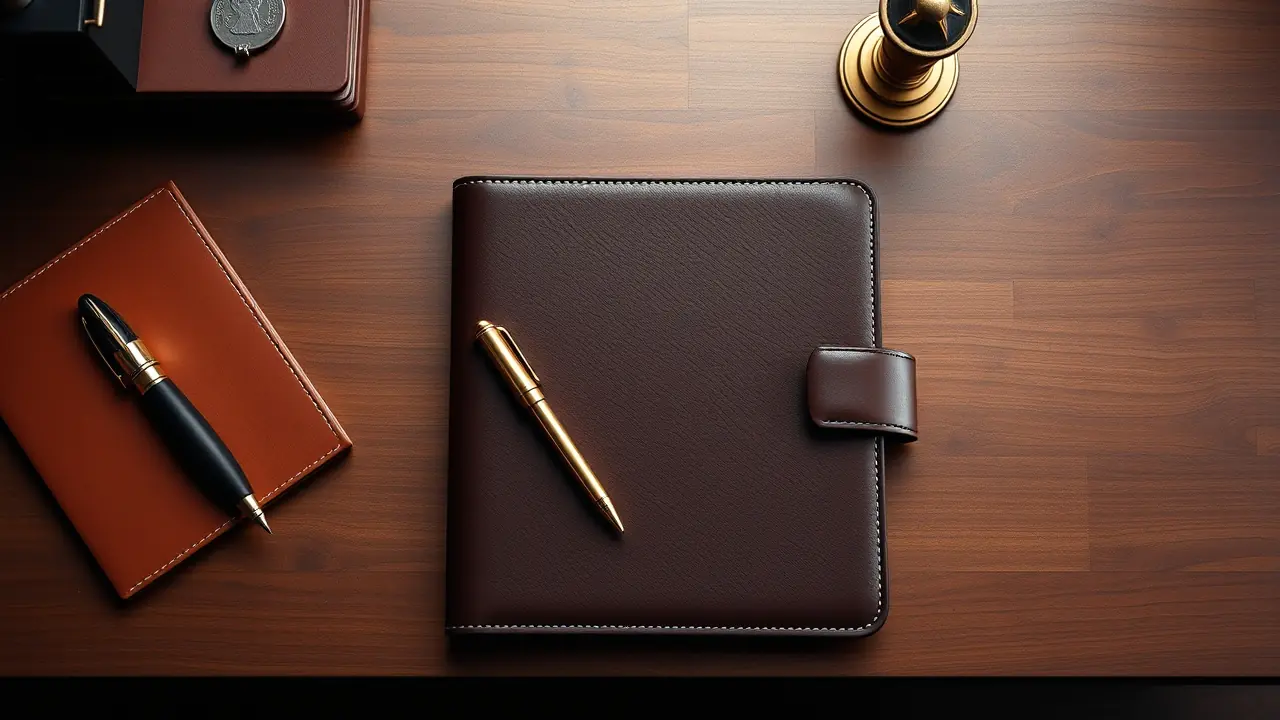 Mesa de inversión con cartera profesional y clave de seguridad digital.