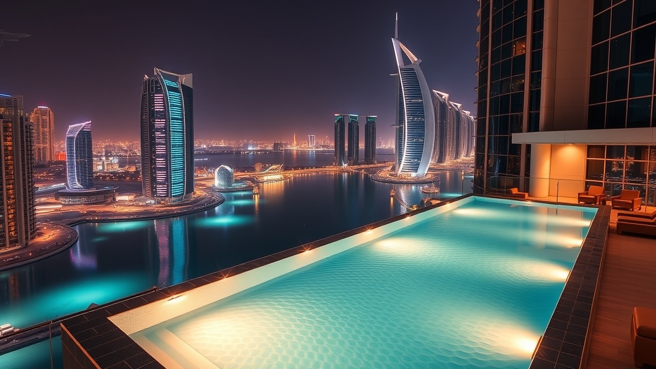 Rooftop infinity pool Business Bay night view