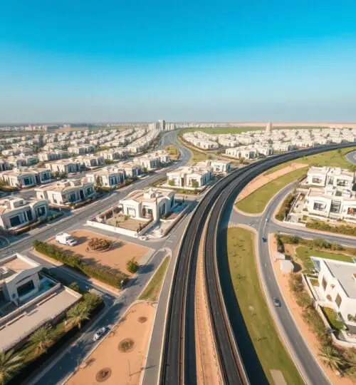 Vue aérienne d'Al Furjan Dubaï 2026 montrant la connectivité du métro
