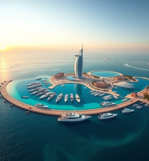 Aerial view of Bluewaters Island and Ain Dubai wheel at sunset.