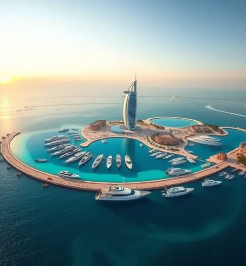 Vue aérienne de l'île de Bluewaters et de la grande roue Ain Dubai au coucher du soleil.