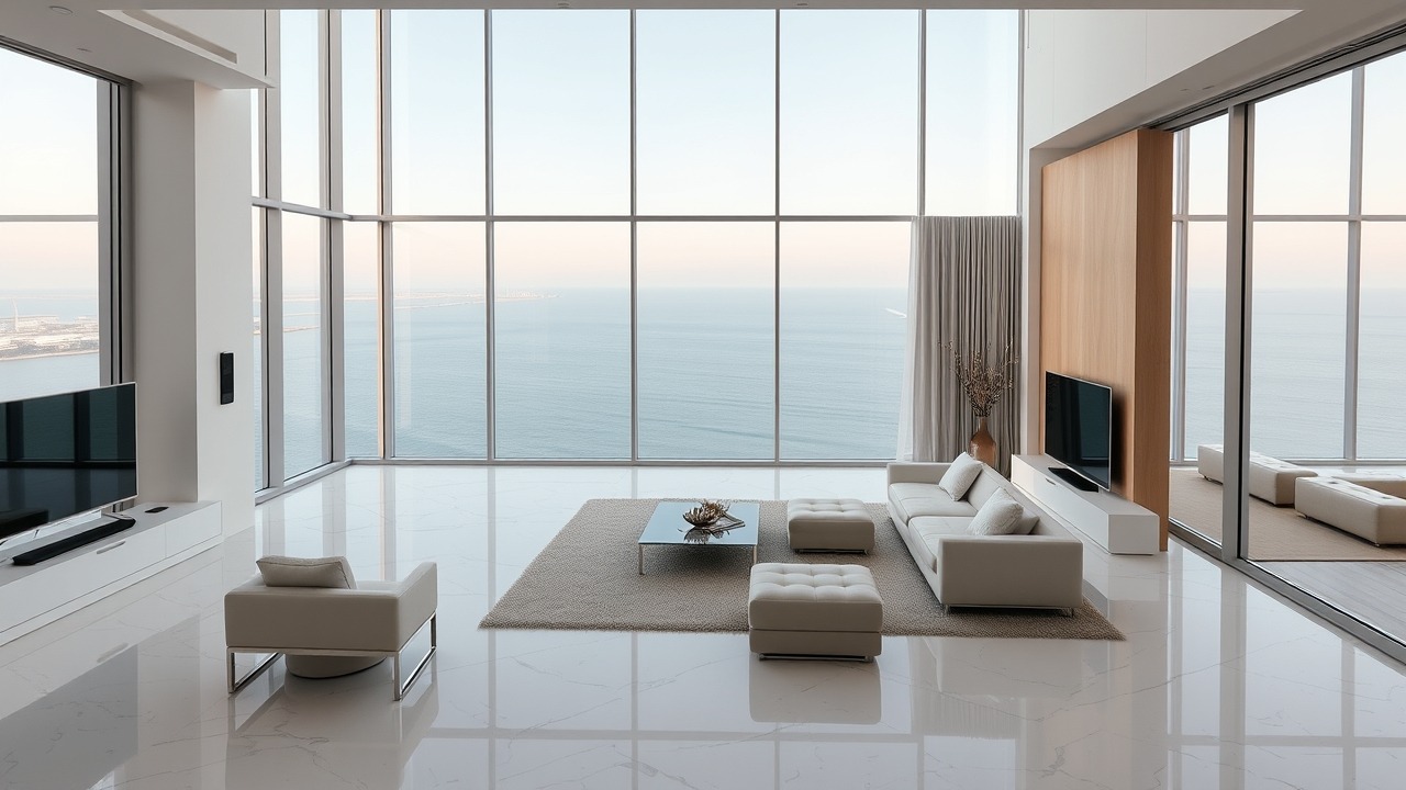 Luxury waterfront apartment interior with sea view in Dubai.
