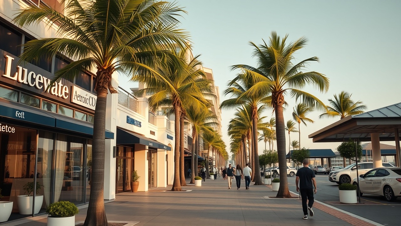 Retail promenade and dining area on Bluewaters Island.