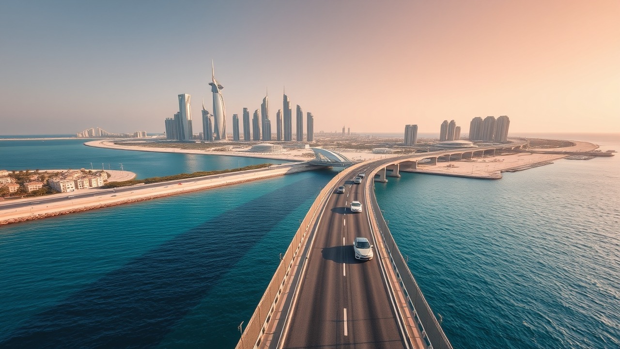 The pedestrian and road bridge connecting Bluewaters to JBR.