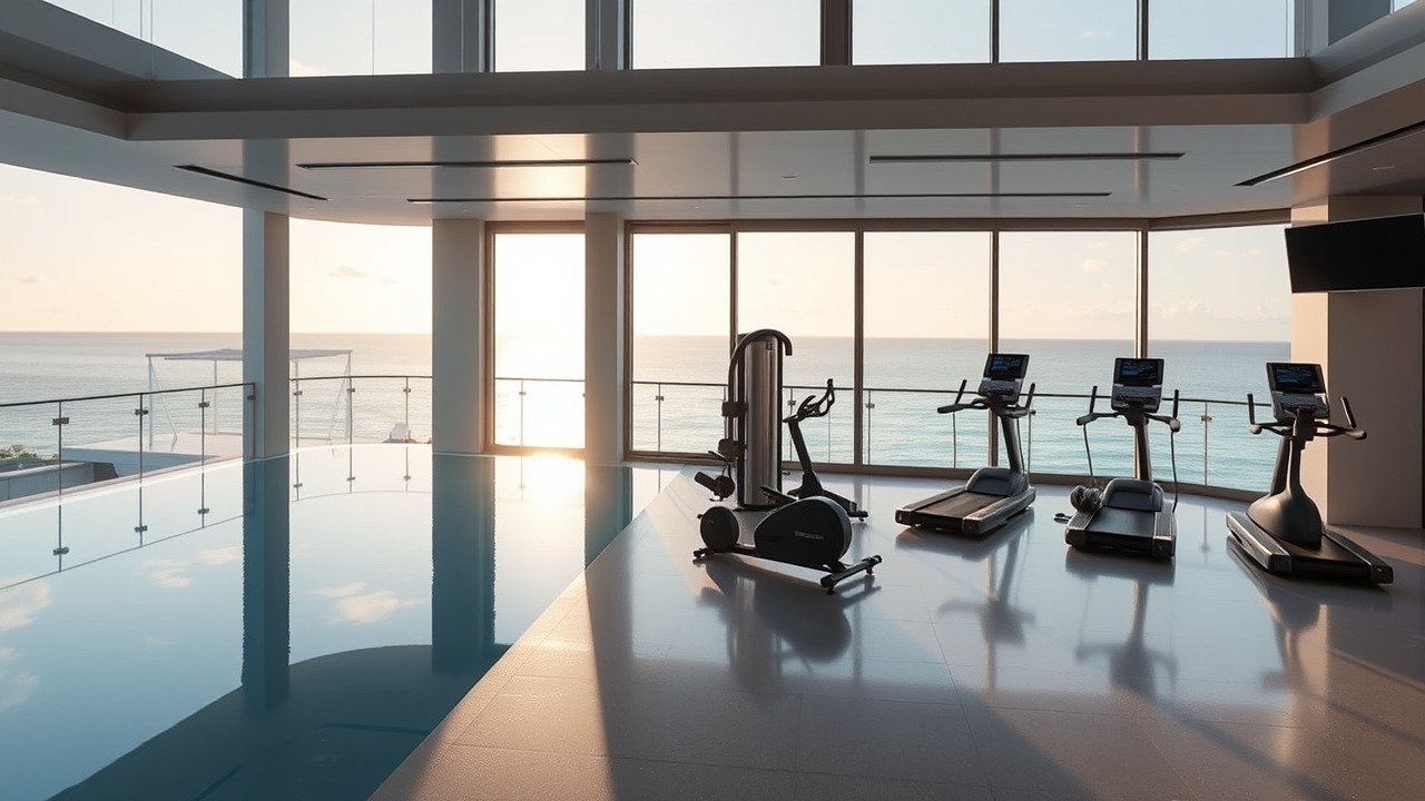 Modern infinity pool and gym facilities in a luxury Dubai residence.