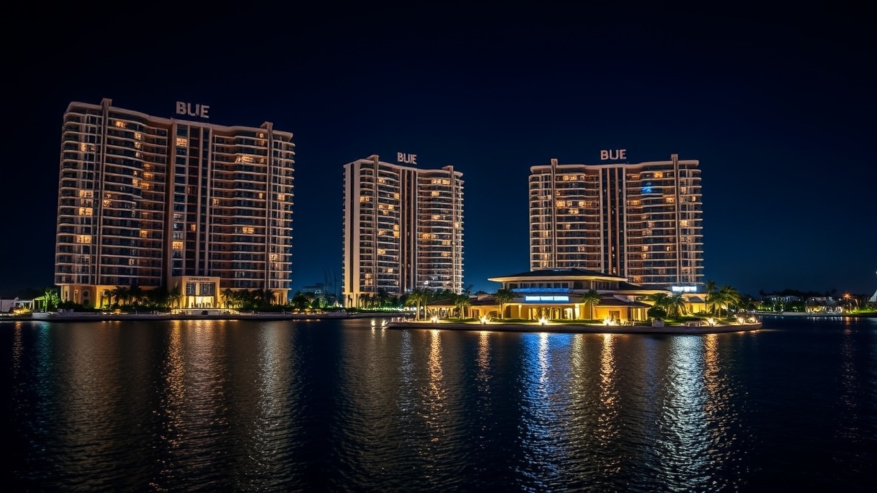 Residential buildings on Bluewaters Island at night.
