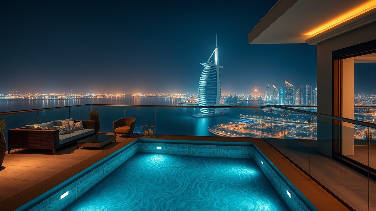 Penthouse balcony with a view of Ain Dubai wheel.