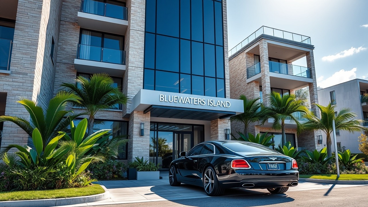 The modern facade and entrance of a Bluewaters residential building.