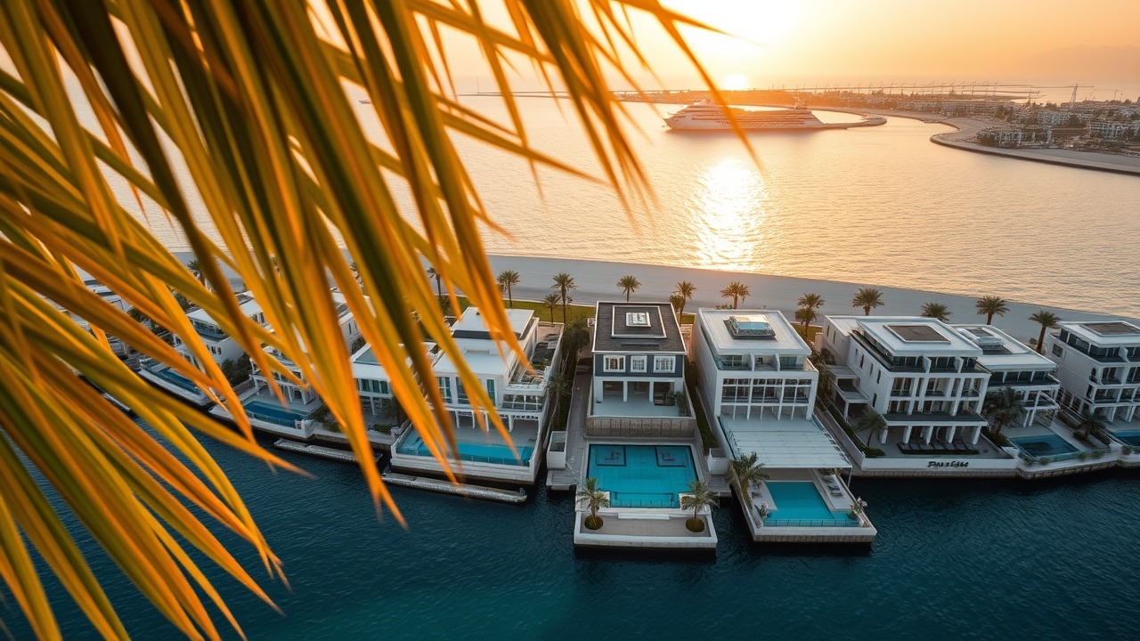 Aerial view of Palm Jumeirah luxury villas at sunset