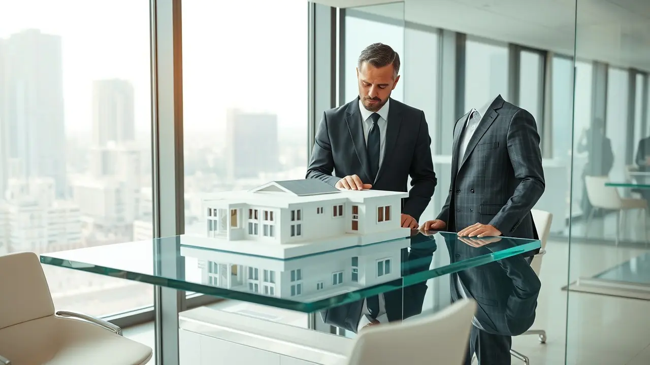 Digitales Villenmodell auf einem Hightech-Tisch im Büro in Dubai