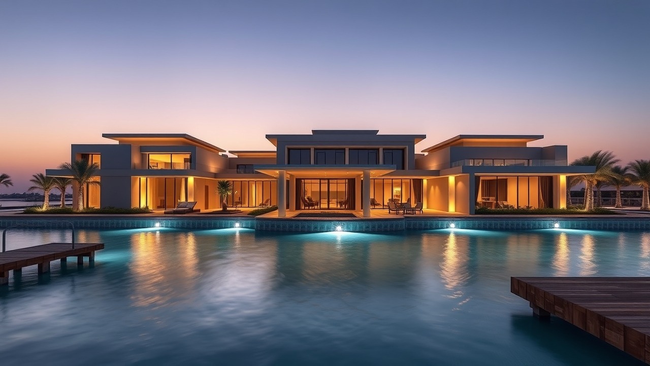 Ultra-luxury villa exterior in Palm Jebel Ali at night