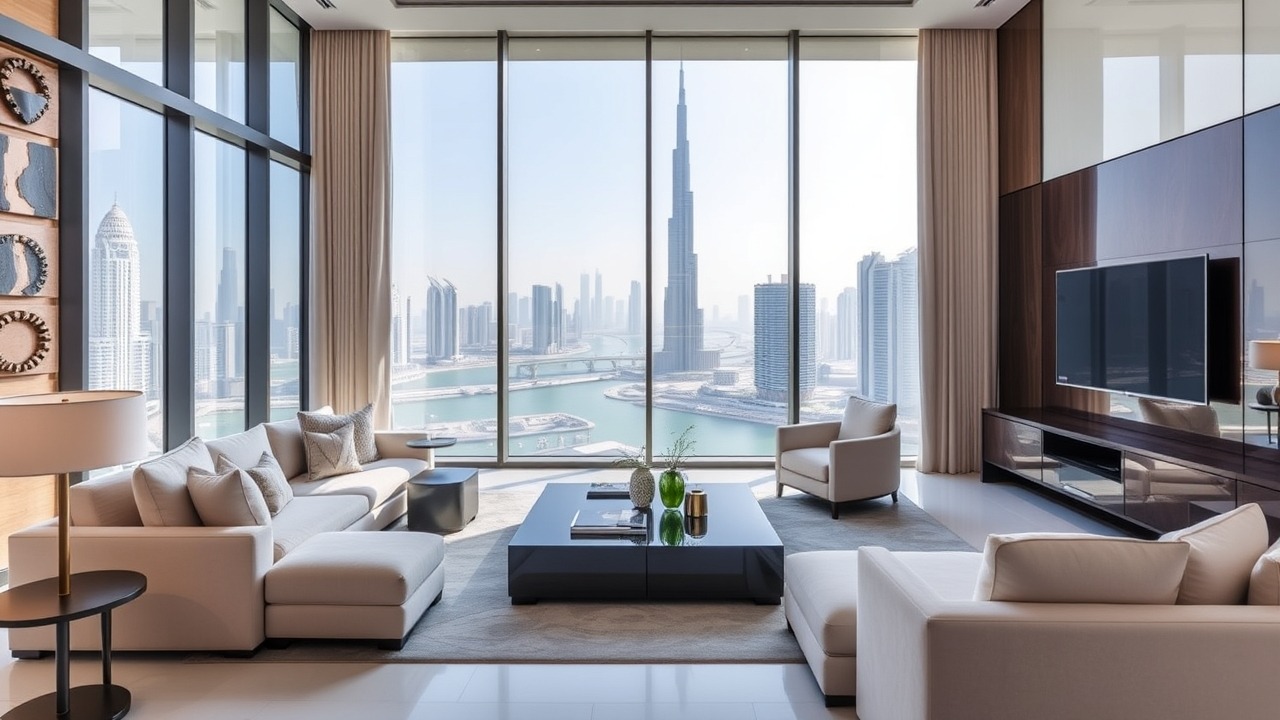 Modern Dubai retirement apartment with skyline view