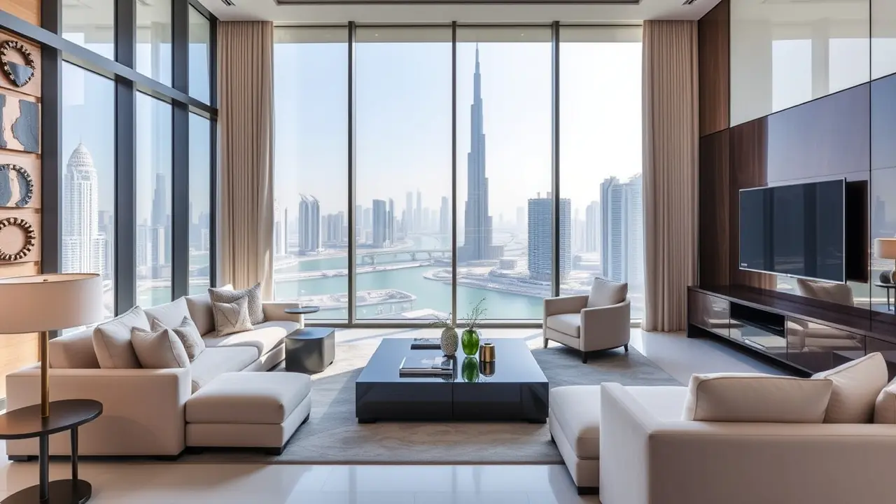 Apartamento moderno para jubilados en Dubái con vistas al horizonte.