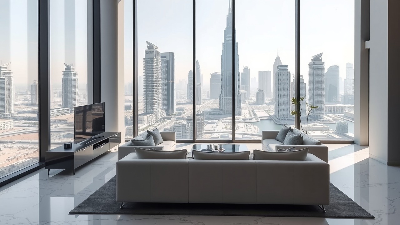 Luxury apartment interior in City Walk Dubai with skyline view