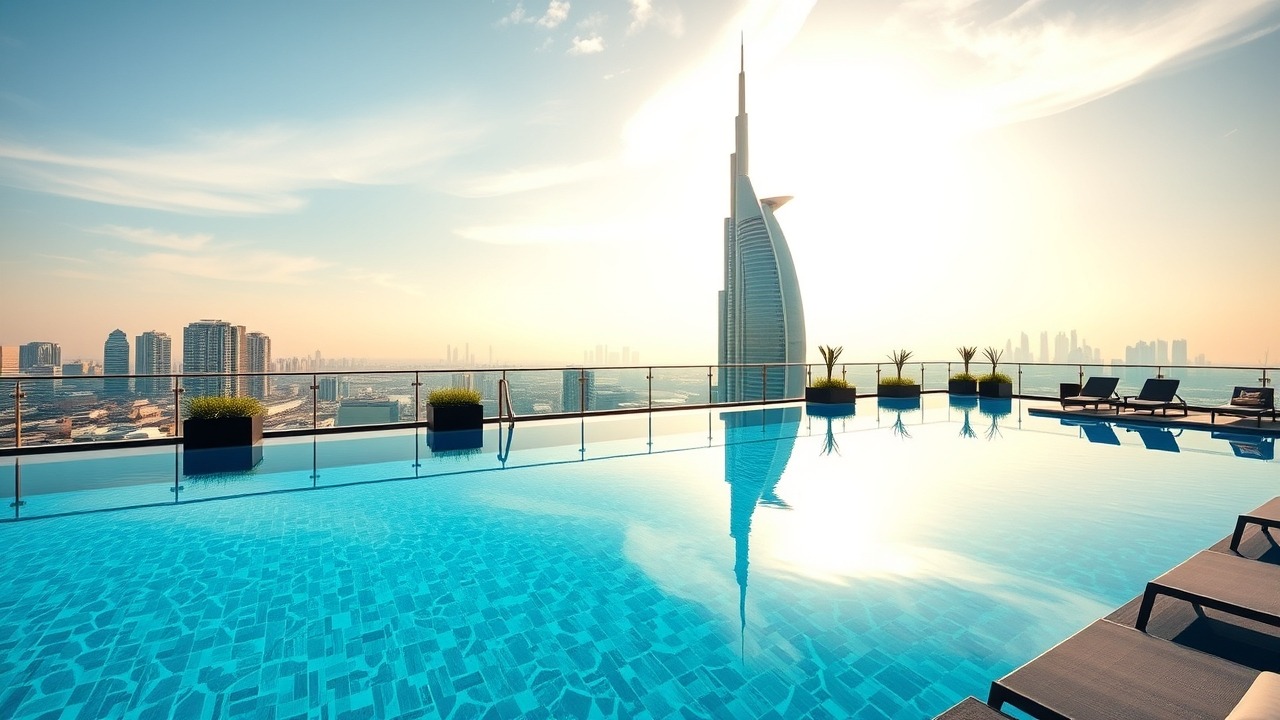 Rooftop infinity pool in City Walk overlooking Dubai skyline