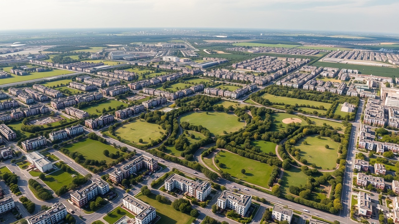 Aerial view of Central Park City Walk green residential district