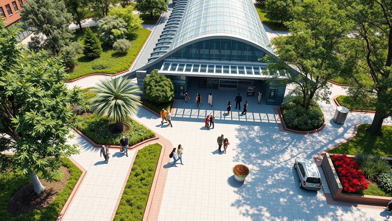 Aerial view of Discovery Gardens Metro Station and pedestrian walkways