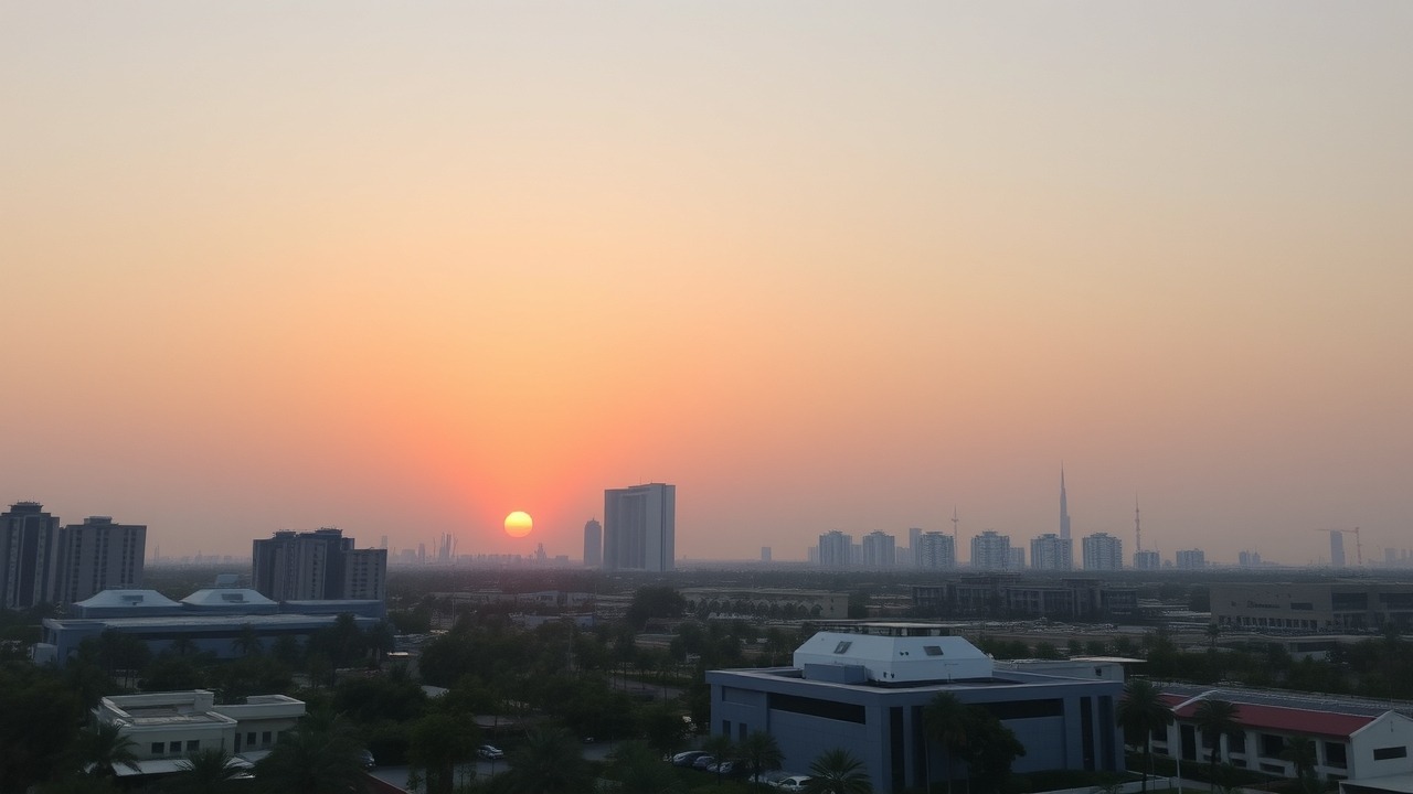 Jebel Ali Freezone extension skyline at sunset from Discovery Gardens