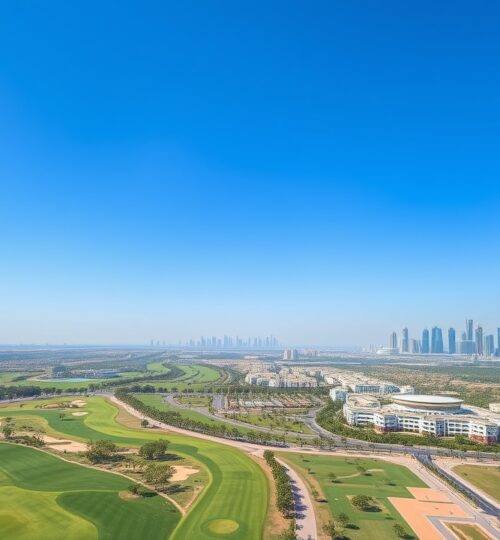 Aerial view of Dubai Hills Estate golf course and park