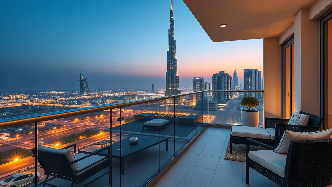 Luxuriöser Balkonblick im Dubai Hills Estate bei Sonnenuntergang