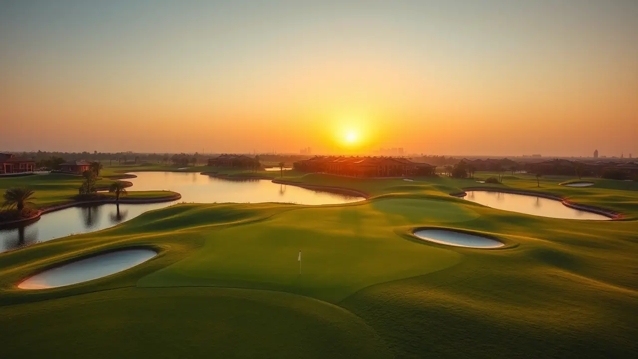 Der Meisterschaftsplatz des Dubai Hills Golf Clubs in der goldenen Stunde