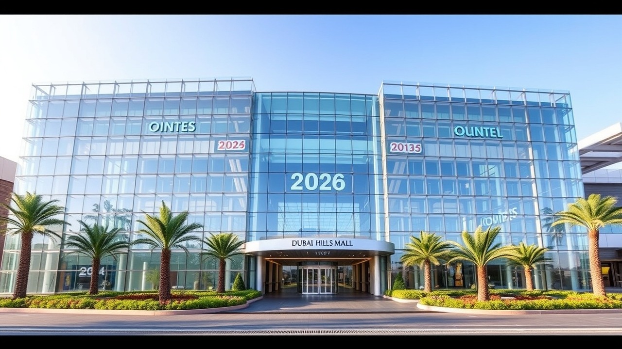 Modern architecture of Dubai Hills Mall exterior