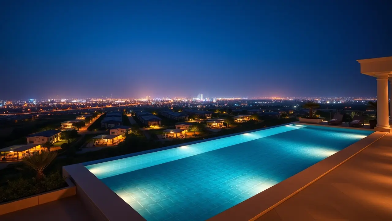 Infinity-Pool auf dem Dach mit Blick auf die Dubai Hills
