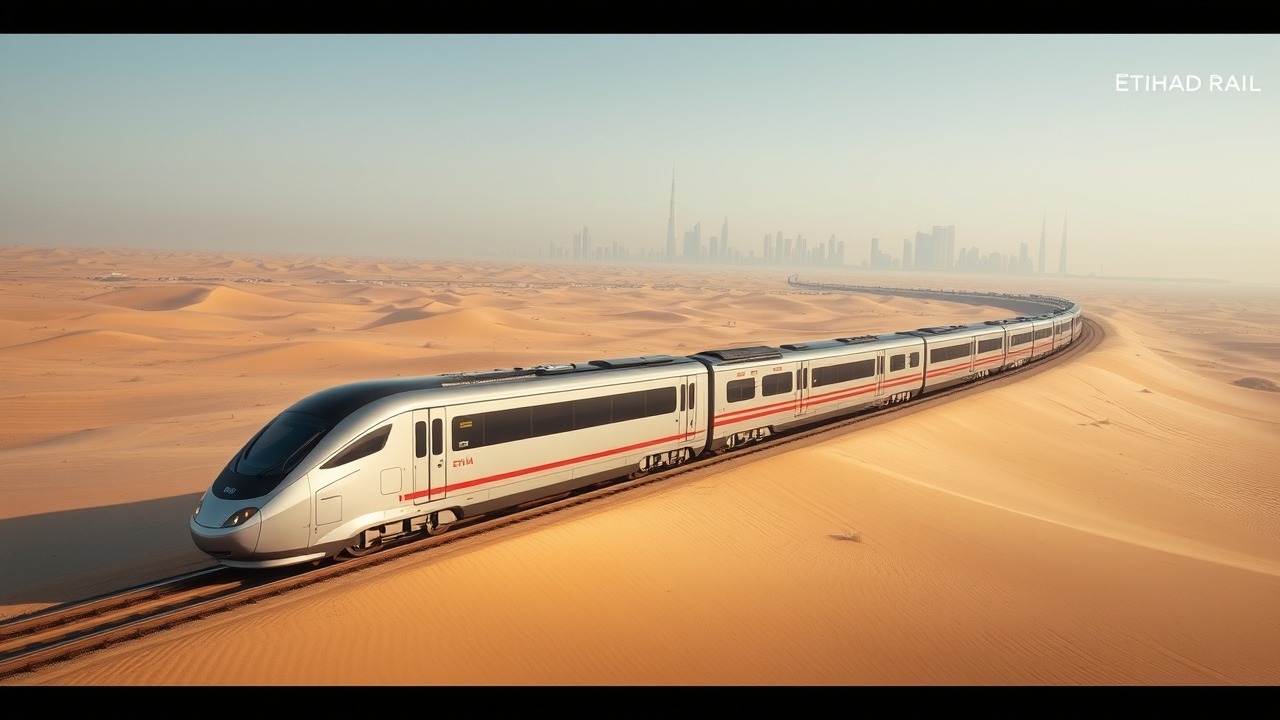 Etihad Rail passenger train in UAE desert