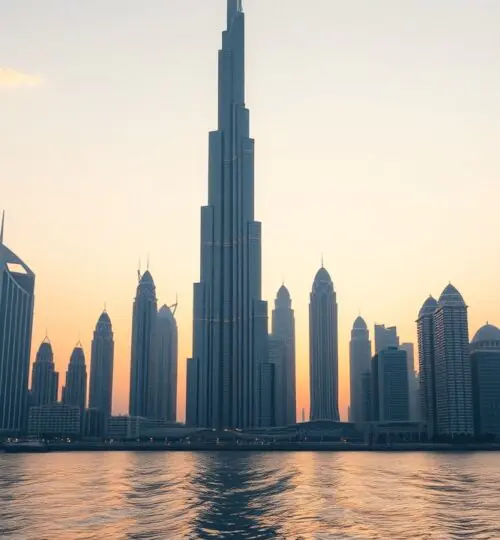 La skyline de Dubaï en 2026 au coucher du soleil, avec son architecture futuriste