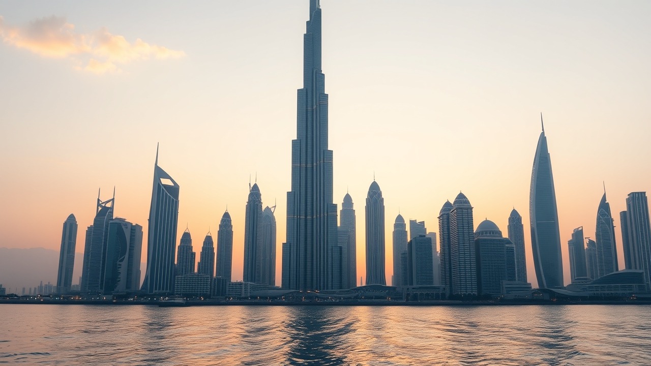 Dubai 2026 skyline at sunset with futuristic architecture