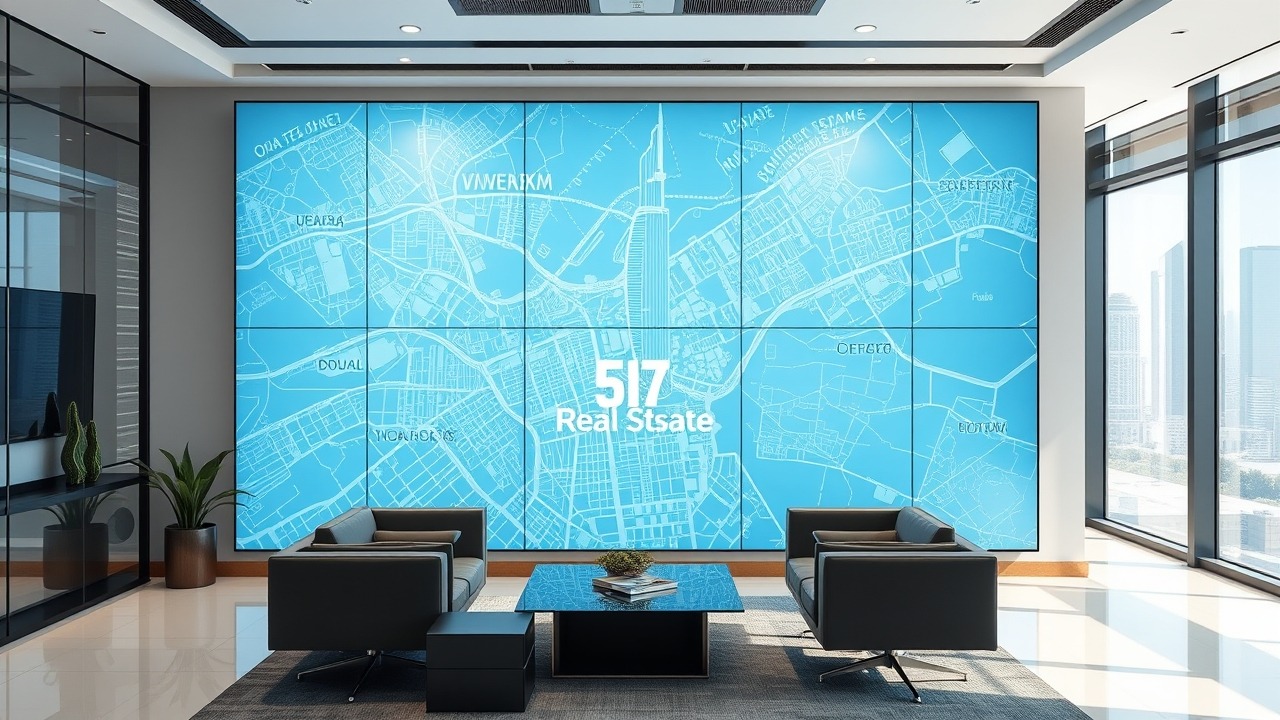 Modern Dubai real estate office with digital city map