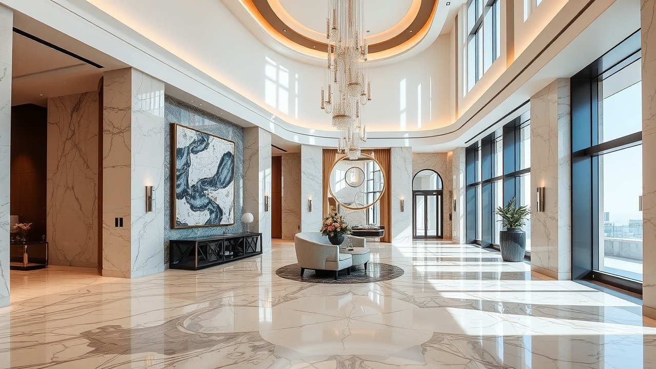 Elegant marble lobby of a Tier 1 Dubai developer building