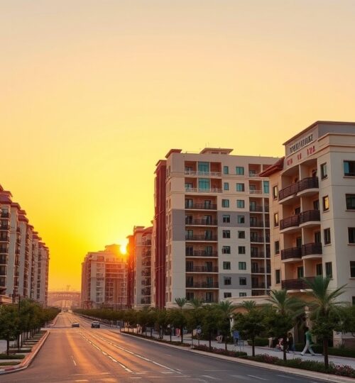 International City Dubai China Cluster at sunset
