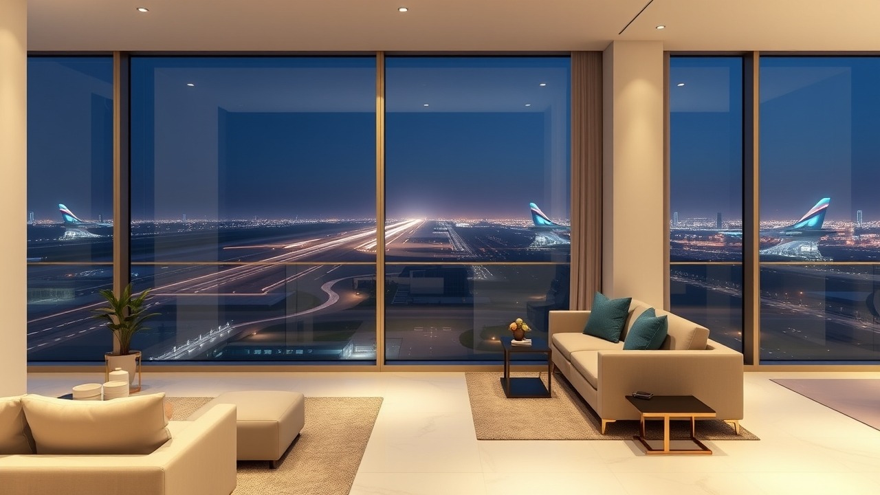 Luxury apartment interior with airport view