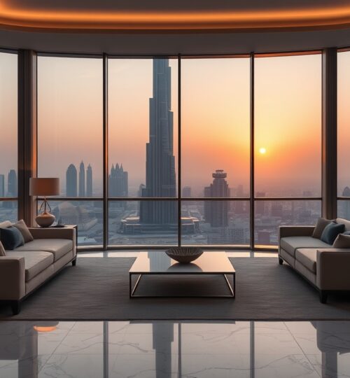 Luxury penthouse interior with Burj Khalifa view