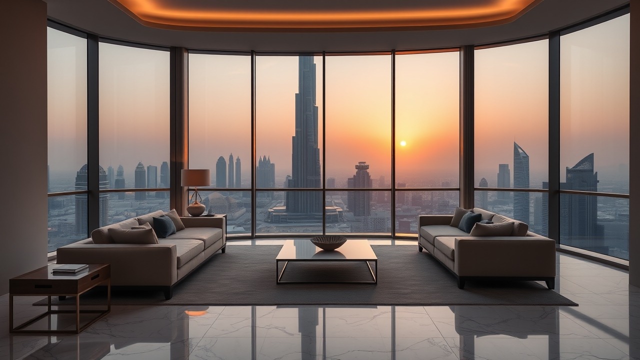 Luxury penthouse interior with Burj Khalifa view