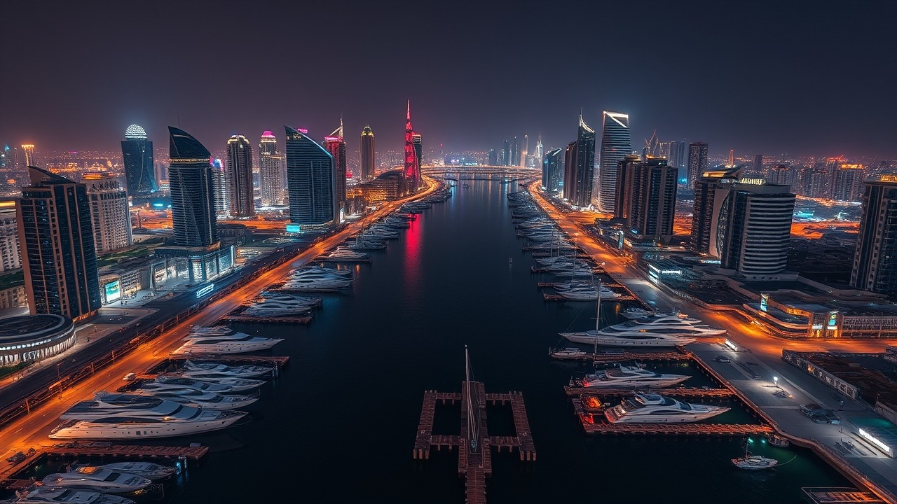 Dubai Canal aerial night view