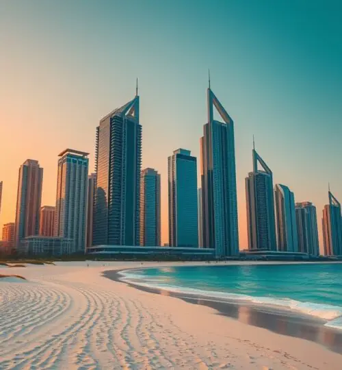 Emaar Beachfront, avec sa silhouette urbaine et sa plage privée au coucher du soleil