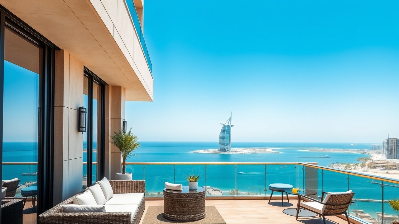 Luxury balcony view from Emaar Beachfront to Palm Jumeirah