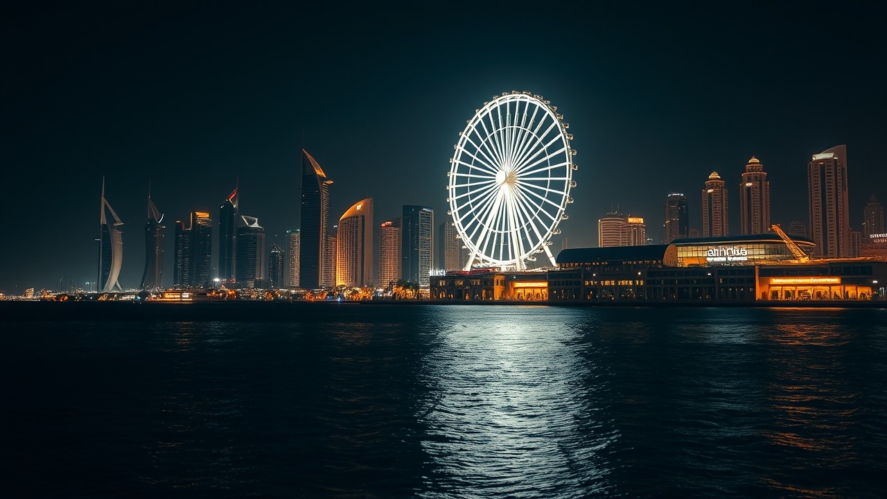 Dubai Harbour night skyline with Ain Dubai background