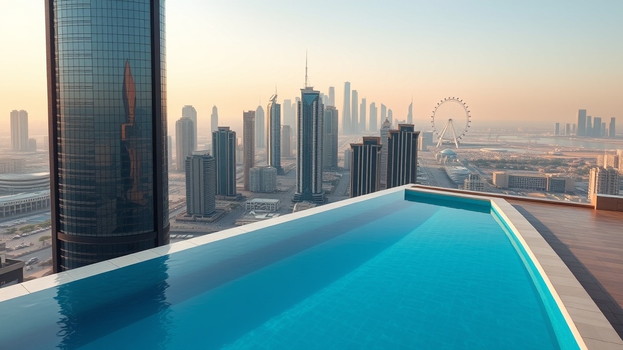 Rooftop pool view from JLT to Dubai Marina