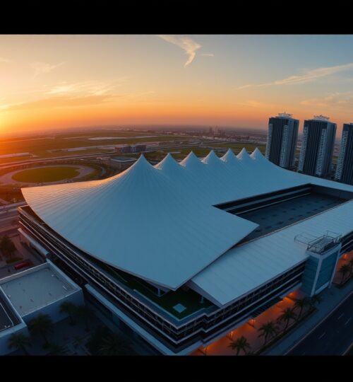 Aerial view of Meydan Racecourse and residential towers at sunset