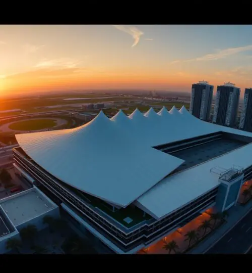 Vue aérienne de l'hippodrome de Meydan et des tours résidentielles au coucher du soleil