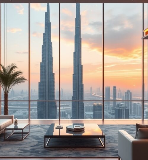 Luxury Dubai penthouse interior view of Burj Khalifa at sunset