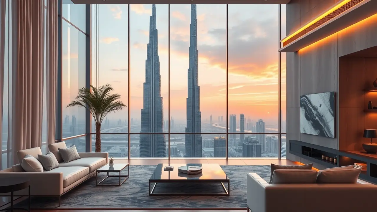 Blick aus dem Inneren eines luxuriösen Penthouses in Dubai auf den Burj Khalifa bei Sonnenuntergang