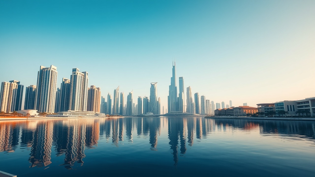 Business Bay skyline reflection in Dubai canal 2026