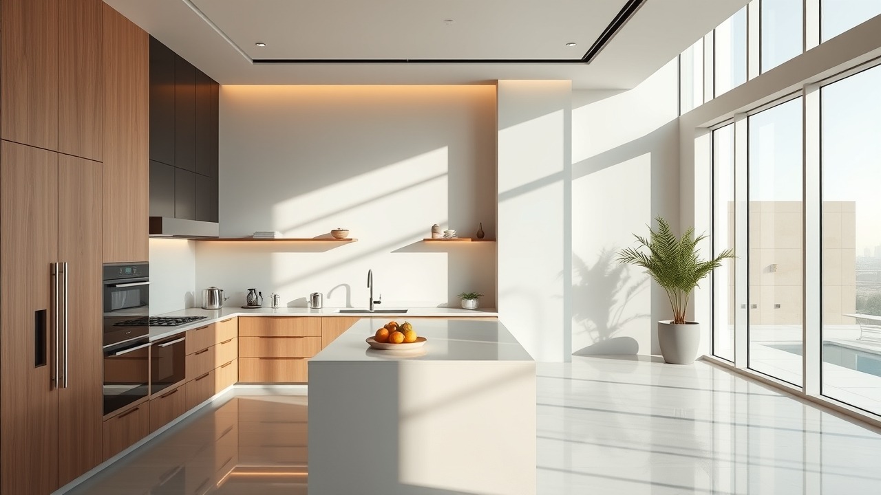 Minimalist luxury villa kitchen design in Dubai