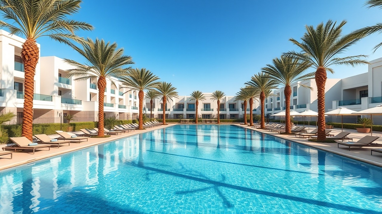 Luxury community swimming pool with palm trees in Dubai