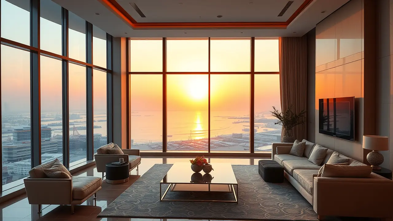 Intérieur d'un appartement de luxe à Dubaï avec vue sur le coucher de soleil